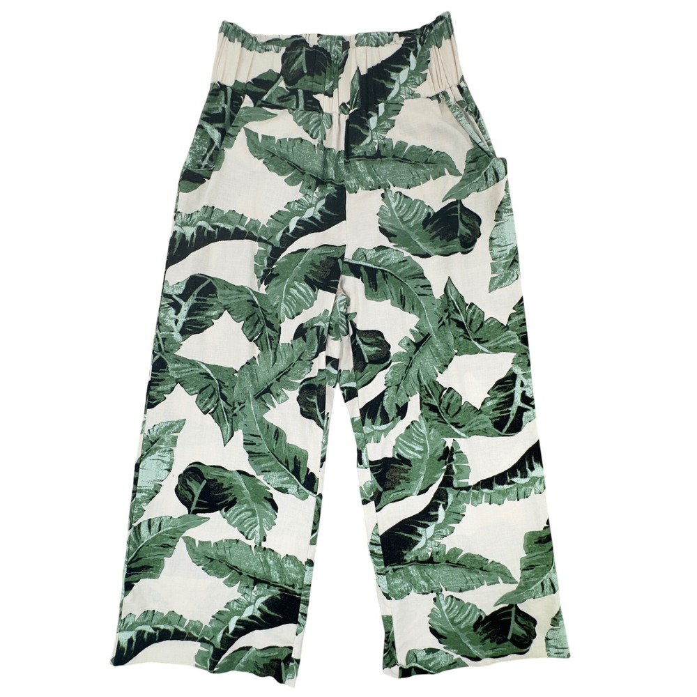 Kourt Womens Cotton Wide Leg Pants MED Palm Leaf Elastic Waist Resort Beach Crop